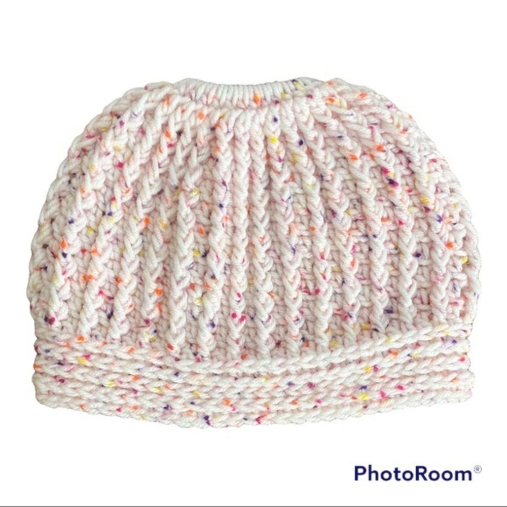 Handmade Funfetti Messy Bun Beanie Light Pink Teen/Adult
